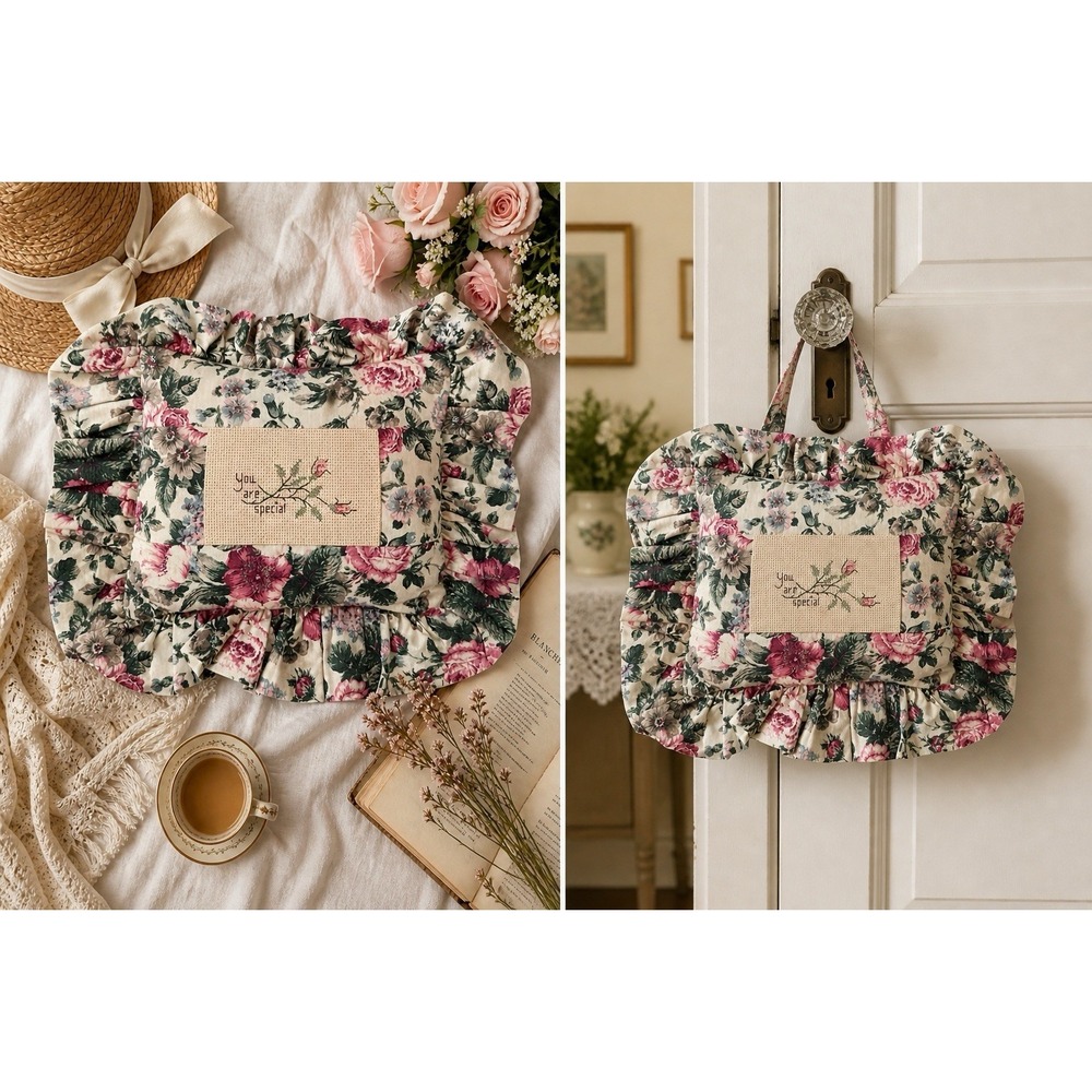 Vintage Handmade Chintz Floral Ruffle Pillow "You Are Special" Cottagecore Decor